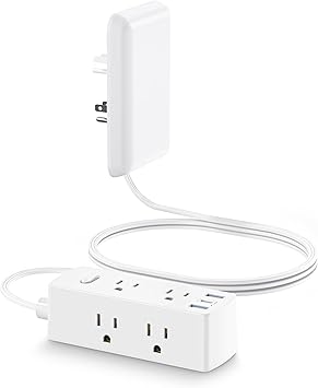Flat Plug Power Strip 6 Outlets 3 USB 5FT White
