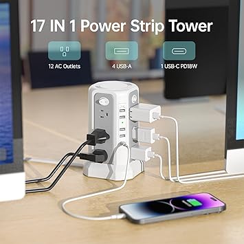Power Strip Tower 12 Outlets 5 USB